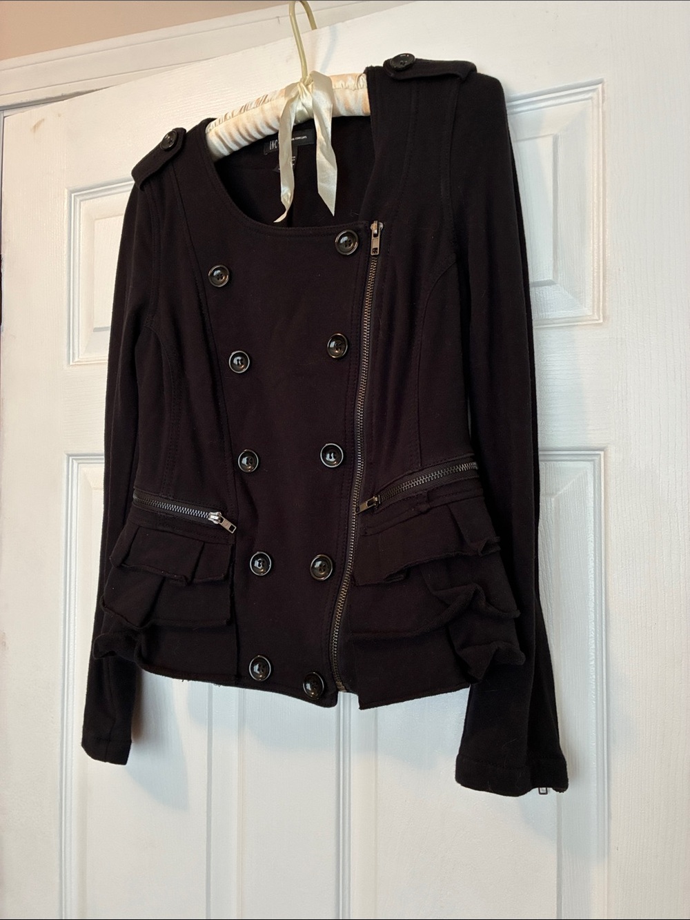 INC International Concepts Black Double-Breasted Pea Coat with Asymmetric Zipper
